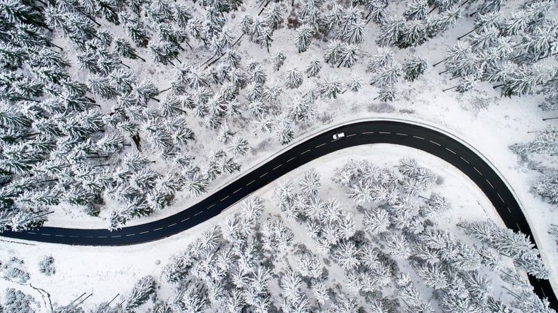 Car driving on road through snowy forest